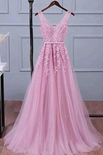 Pink V-neckline Long Party Dress Formal Dress Tulle Bridesmaid Dress Sa2343