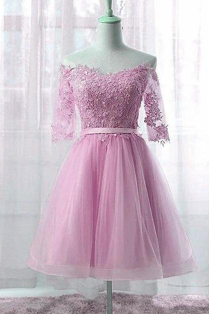 Pink Knee Length Short Sleeves Party Dress Formal Tulle Prom Dress Sa2345