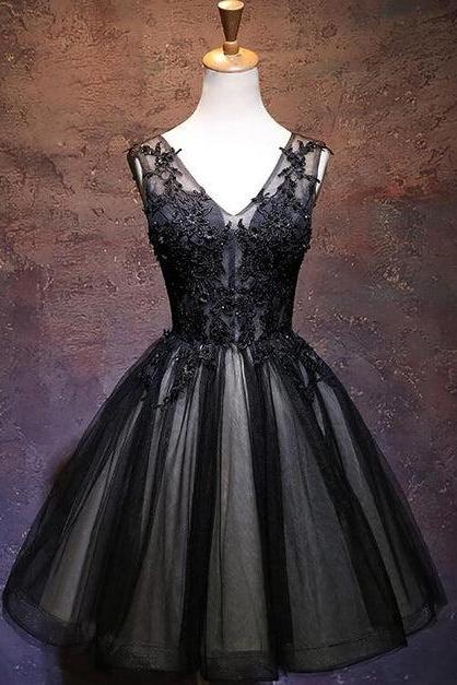 Black V-neckline Lace And Tulle Party Dress Formal Short Prom Dress Sa2346