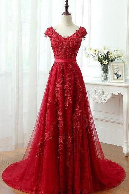 Red Lace A-line Long Prom Dress Formal Dress Beautiful Red Evening Gown Sa2347