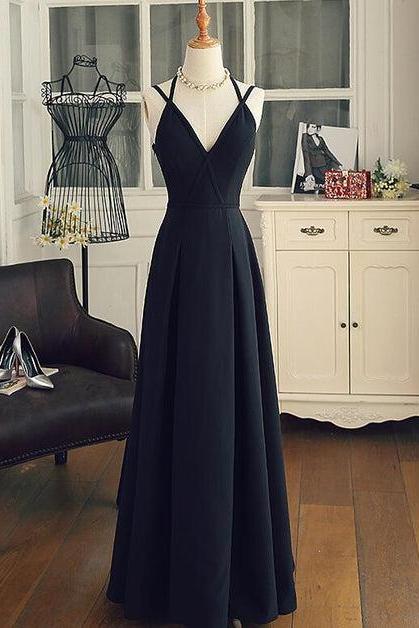 Black Chiffon Straps Long A-line Junior Prom Dress Formal Party Gowns Sa2357