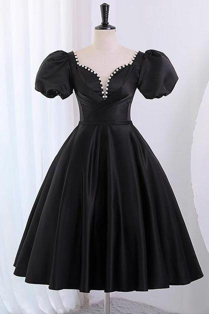 Black Satin Short Sleeves Knee Length Party Dress Formal Homecoming Dress Sa2363