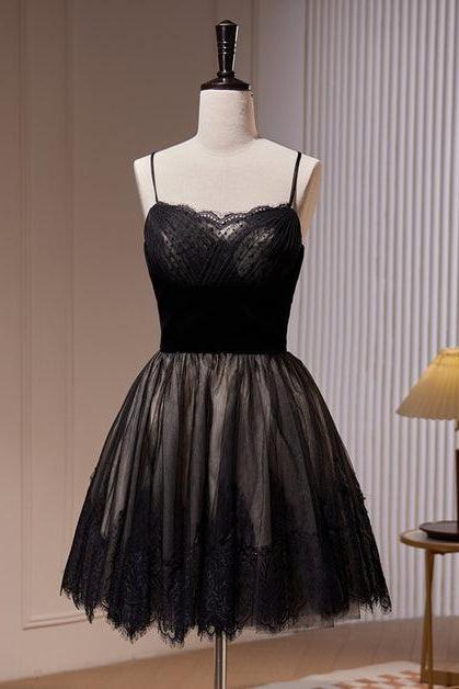 Black Tulle And Lace Straps Short Party Dress Evening Homecoming Dress Sa2365