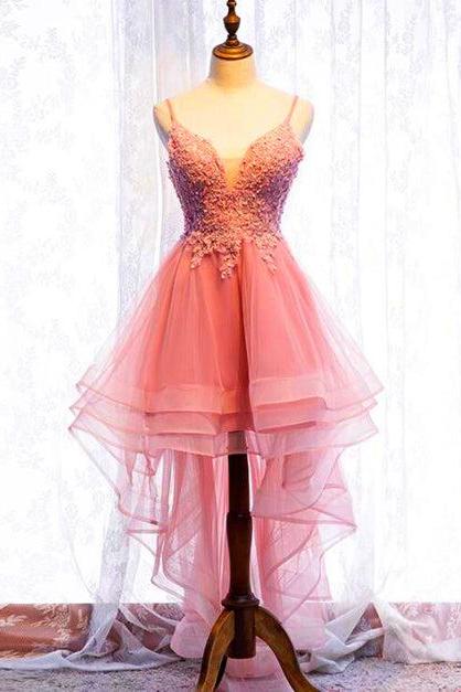 Chic V-neckline Lace Applique Tulle High Low Straps Homecoming Dress Formal Tulle Short Prom Dress Sa2375