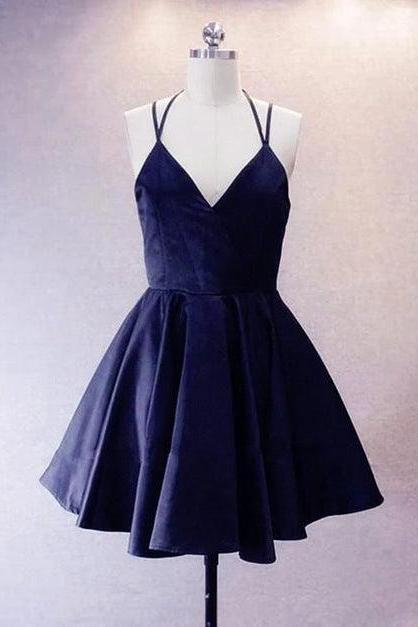 Navy Blue Short Straps Satin Homecoming Dresses Formal Simple Prom Dress Sa2384
