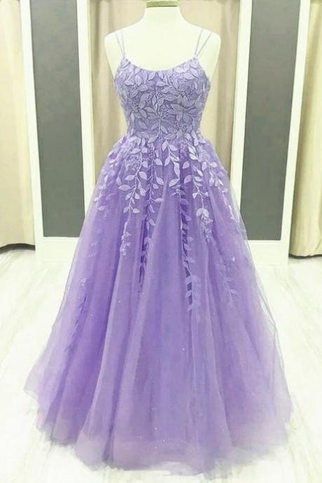 Spaghetti-straps Lace Appliques Tulle Floor Length Formal Lavender A-line Prom Dress Sa2389
