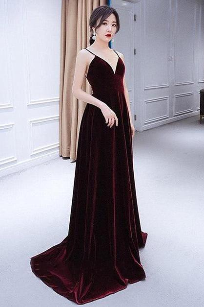 Burgundy Velvet Deep V-neckline Floor Length Party Dress Formal A-line Prom Dress Evening Dresses Sa2391