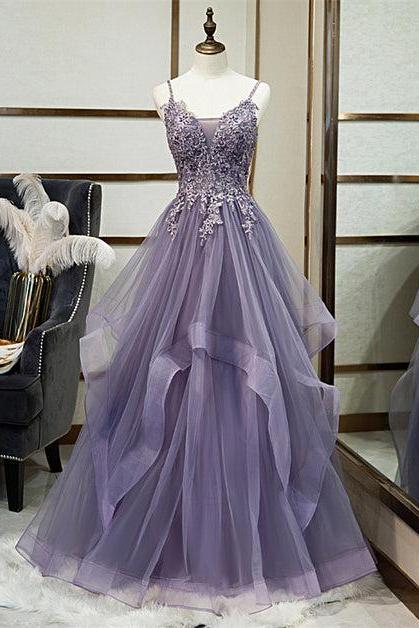 Purple Tulle Layers Long Formal Gown, Lace Applique Formal Top Party Dress Sa2395