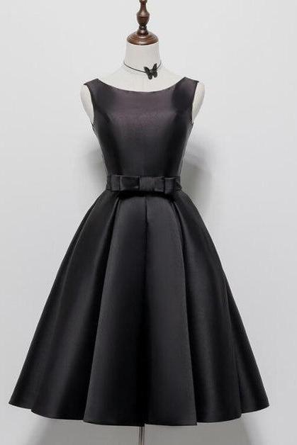 Satin Knee Length Round Neckline Party Dress Formal Black Short Prom Dress Sa2405