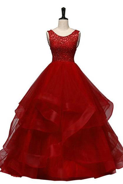 Red Tulle With Lace Layers Ball Gown Sweet 16 Dress Long Formal Dress Prom Dress Sa2406