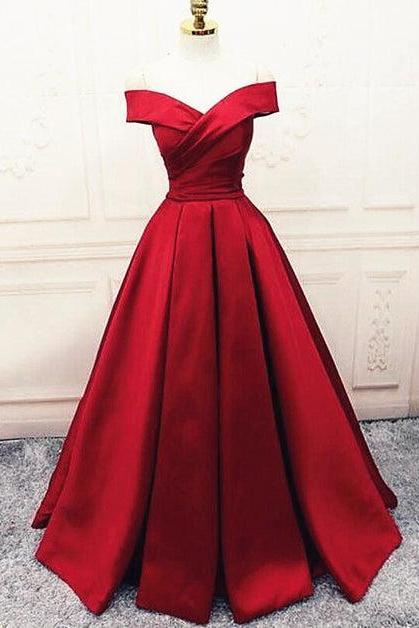 Dark Red Satin Simple Off Shoulder Prom Dress Formal Party Dress Evening Dress Sa2409