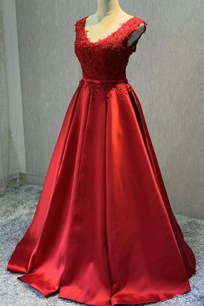 Red Satin V-neckline Floor Length Prom Dress Formal Party Dress Sa2415