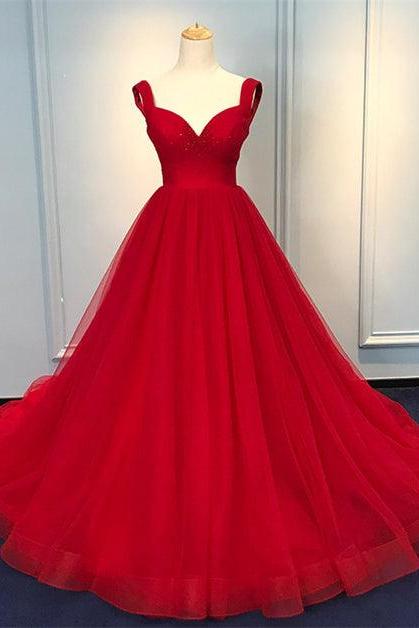 Red Sweetheart Straps Long Ball Gown Evening Dress Formal Tulle Prom Dress Sa2416