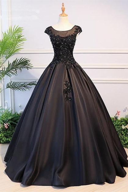 Black Satin Long Party Dress Lace Formal Black Evening Gown Sa2419