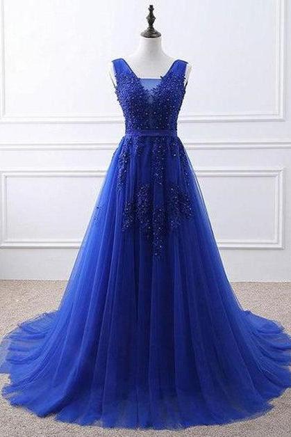 Blue Tulle Long Prom Dress Full Length Blue Formal Gown Sa2420
