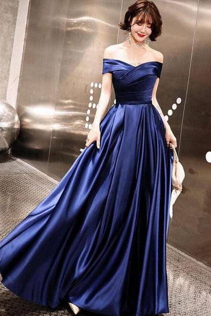 Blue Off Shoulder Prom Dress Satin Formal Party Gown Prom Dress Sa2421