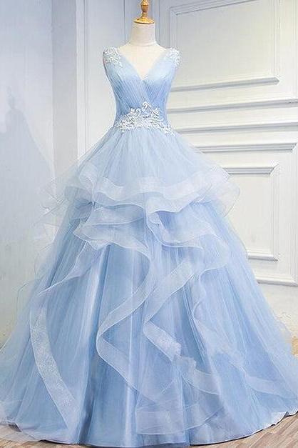 Beautiful Blue Prom Dresses V-neck Ball Gown Sweep Train Party Dress Formal Sweet 16 Gown Sa2423