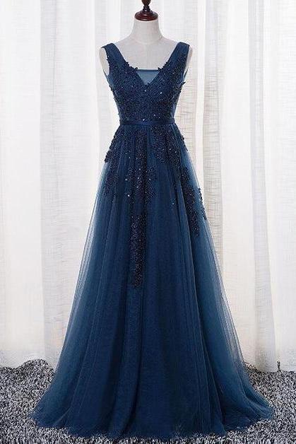 Blue Long A-line Bridesmaid Dress Formal Dark Blue Tulle Party Sa2425