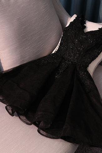 Black Lace V-neckline Short Homecoming Dress Formal Black Party Dress Sa2427