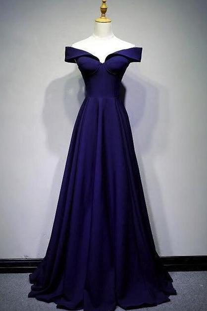 Navy Blue A-line Spandex Long Prom Dress Formal Off Shoulder Bridesmaid Dress Sa2428