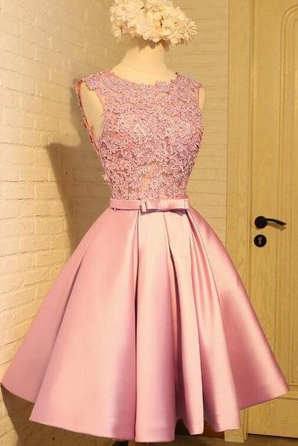 Pink Satin And Lace Homecoming Dress Prom Dress Lovely Formal Dress Sa2432