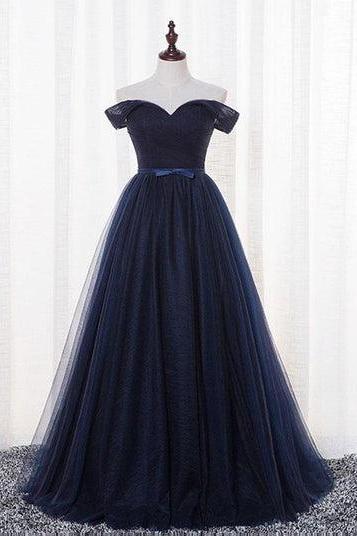 Navy Blue Tulle Long Party Dress Formal Off Shoulder Blue Bridesmaid Dress Sa2436