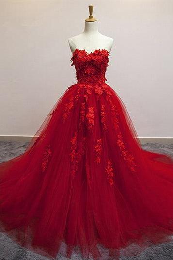 Red Sweetheart Tulle With Applique Party Dress Tulle Formal Gowns Sa2437