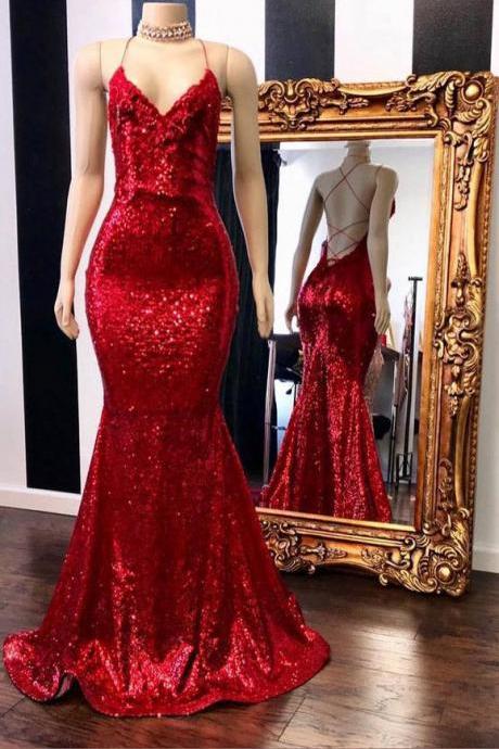 Red Spaghetti Straps Sequins Mermaid Long Red Prom Dress Sa2438