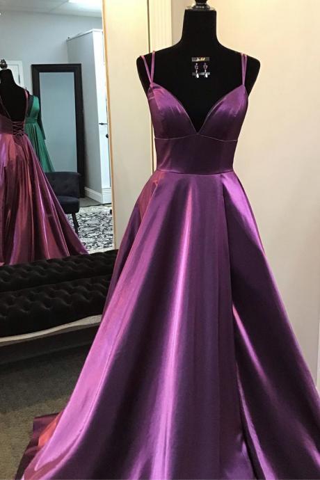 Gorgeous V Neck Lace-up Back Plum Formal Long Prom Dress Hand Made Sa2439