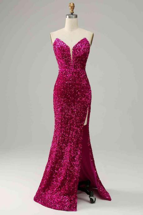 Fuchsia Strapless Sequins Long Prom Dress With Slit Formal Dress Sa2440
