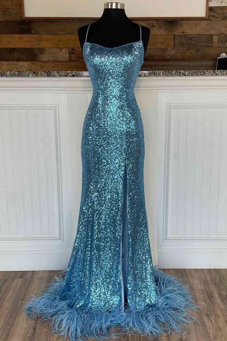 Long Sequined Blue Straps Prom Dress With Feather Hem Formal Dress Sa2441