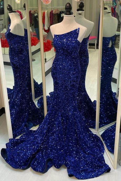 Strapless Royal Blue Sequins Mermaid Long Formal Dress Evening Dress Sa2442