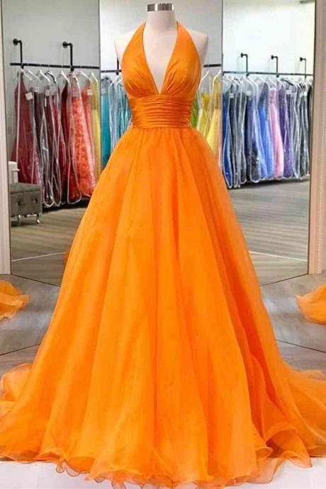 Orange Halter A-line Long Party Dress Formal Dress Hand Made Sa2443