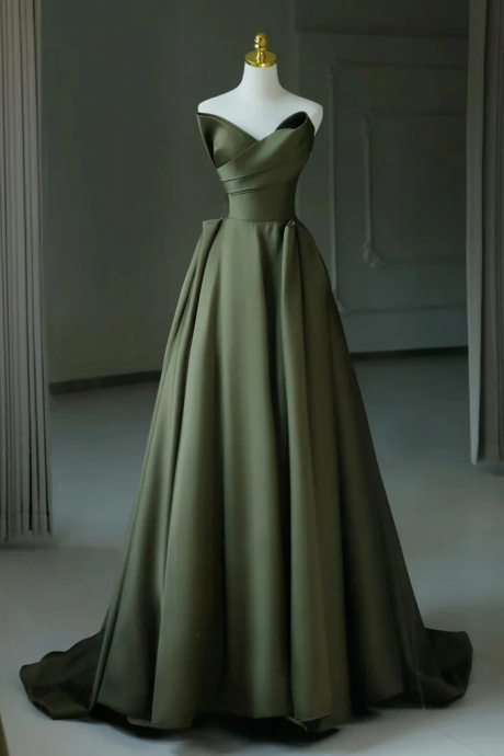 Green Strapless Dress Elegant A-line V Neck Satin Dark Formal Long Prom Dresses Sa2446