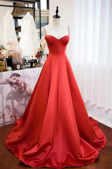 Spaghetti Strap Red Satin Long Prom Formal Dresses Sa2454