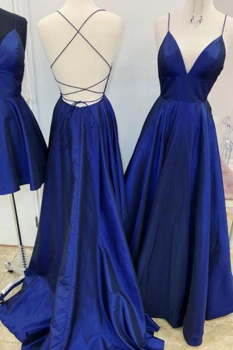 V Neck Blue Satin Long Backless Formal Dress Prom Dress Sa2465