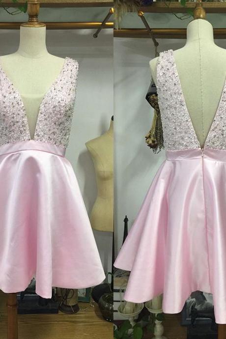 Pink Homecoming Dresses,short Prom Dress V-neck Beaded Formal Dress Cocktail Dresses Sa2470