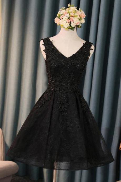 Black V Neck Short Homecoming Dress A Line Lace Mini Prom Dresses With Beads,homecoming Formal Dresses Sa2472