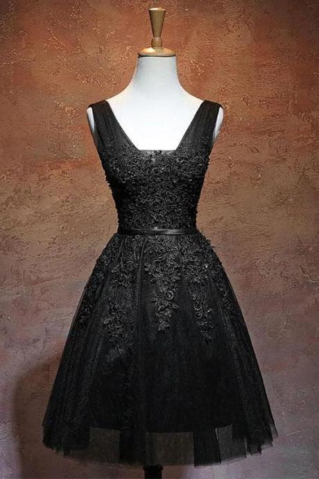 Black V Neck Tulle Lace Short Prom Dress Formal Black Homecoming Sa2473
