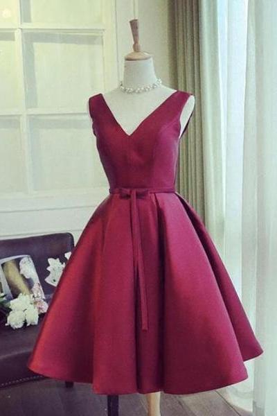 Wine Red Satin Knee Length Party Dress Formal Homecoming Dress Sa2476