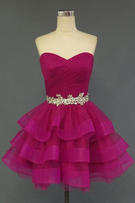 Sweetheart Neckline Short Prom Dress Homecoming Dresses Beadings Belt Tiered Formal Party Gown Sa2483