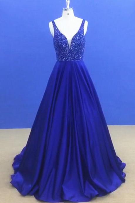 Royal Blue Long Satin Beaded Evening Prom Gowns With V Neck Formal Dress Sa2512
