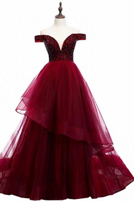 Burgundy Prom Dresses Long Women's Tulle Lace Applique Floor Length Evening Formal Party Gowns Sa2513