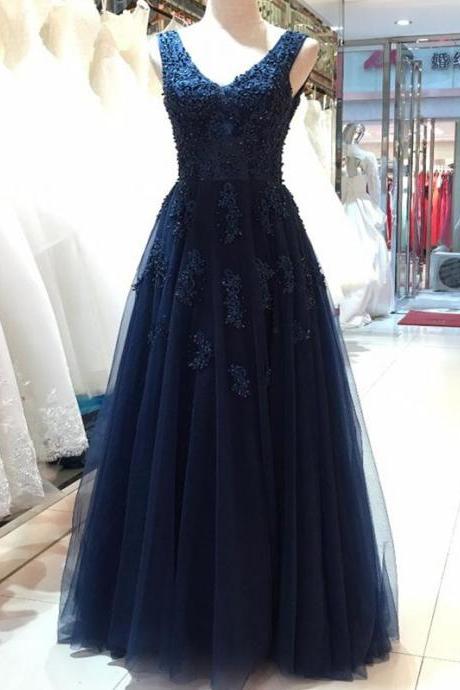 Floor Length V-neck Prom Dress Open Back Evening Dress Navy Blue Formal Dress Sa2526