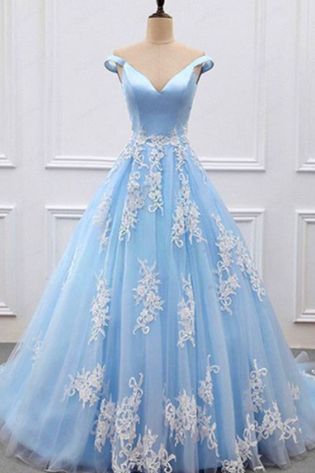 Blue V Neck Off Shoulder Long Tulle Senior Prom Dress With Appliques Formal Evening Dresses Sa2530