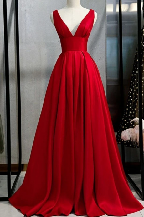 Red Satin Prom Dress V Neck Evening Dresses Formal Dress Sa2538
