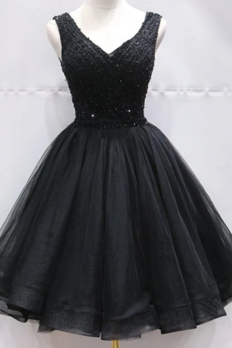 Black Tulle Lace Mini Prom Dress Beaded Lace Up Homecoming Formal Dress Sa2541