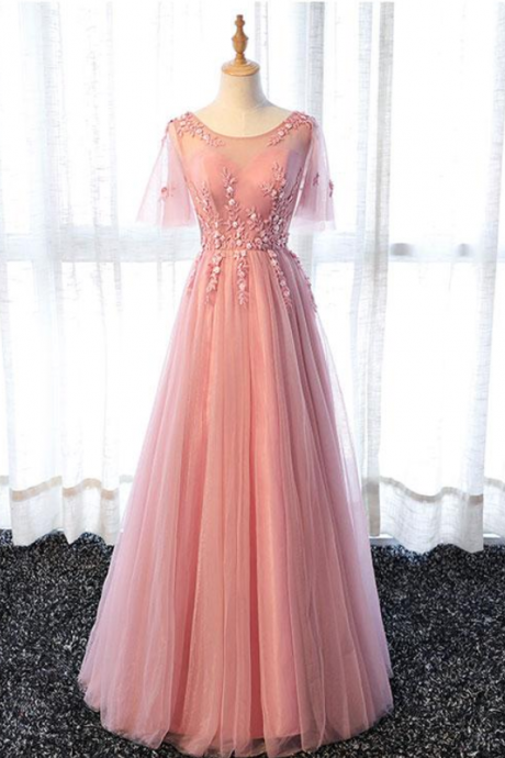Pink Round Neck Lace Long Prom Dresses Formal Party Evening Dresses Sa2545