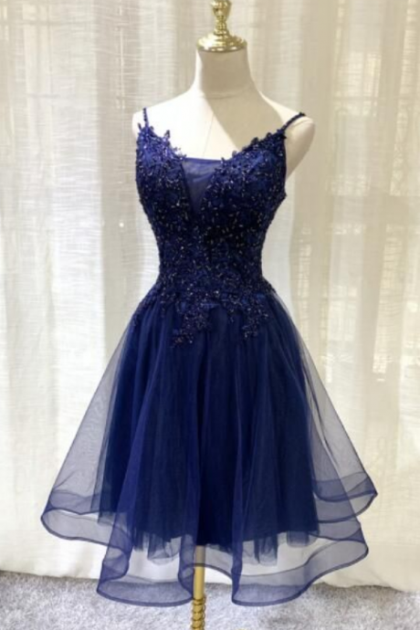 Navy Blue V-neckline Tulle Short Homecoming Dress Lace Applique Short Formal Party Dress Sa2553