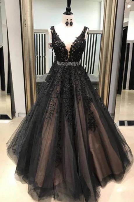 Black A Line Prom Dress With Lace Evening Dress Graduation Formal Party Gown Sa2558